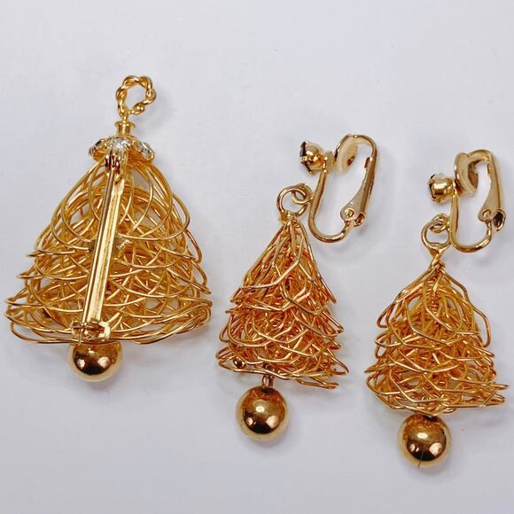Vintage Gold Tone Rhinestone Christmas Tree Pendant Brooch Clip-On Earrings Set - Picture 7 of 9